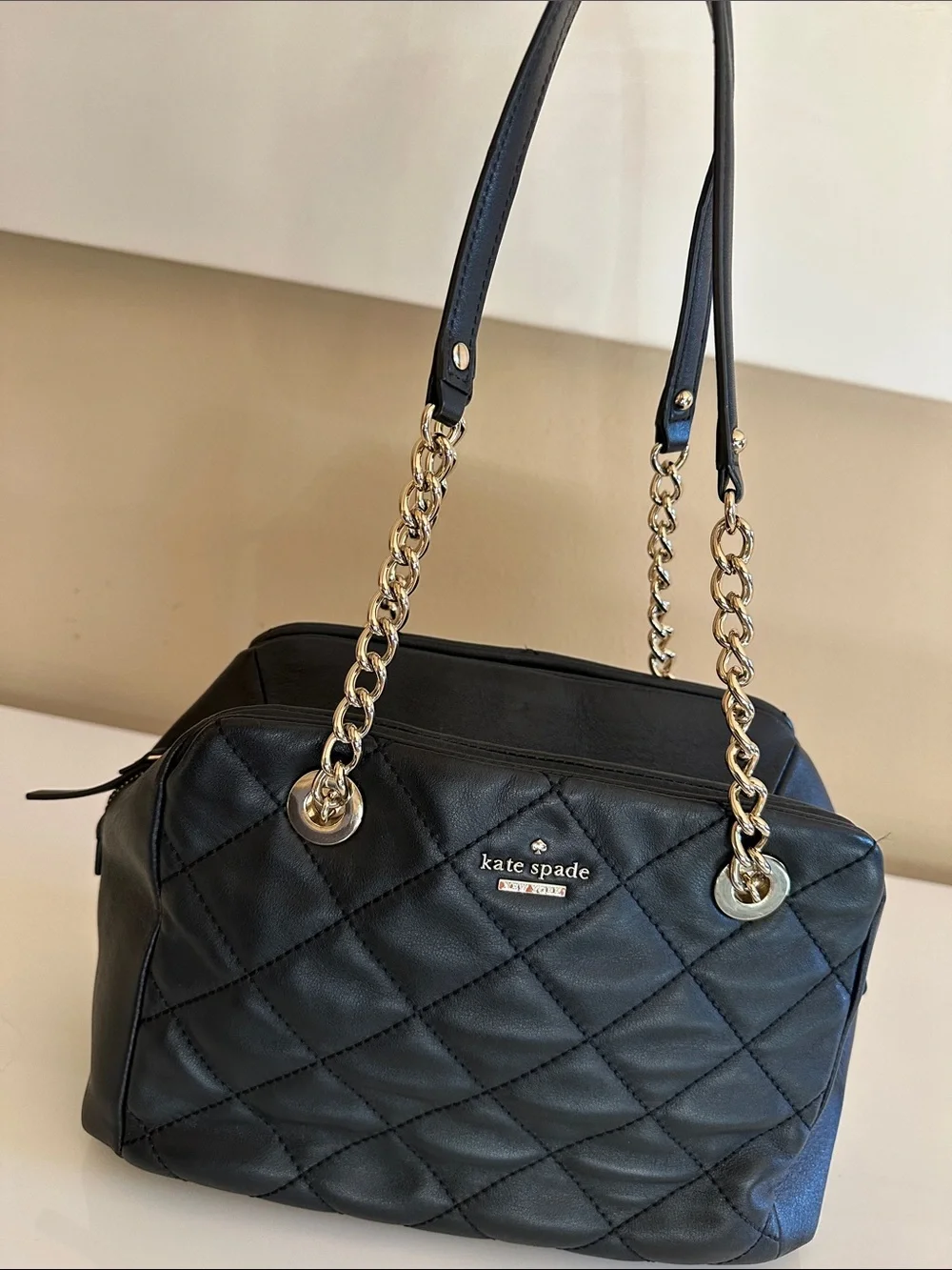 kate spade Black Quilted Leather Shoulder Bag with Gold Chain Handles
